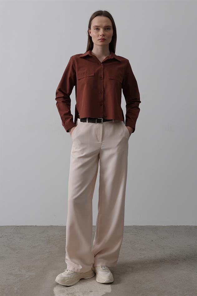 Kemerli Palazzo Pantolon - Pudra