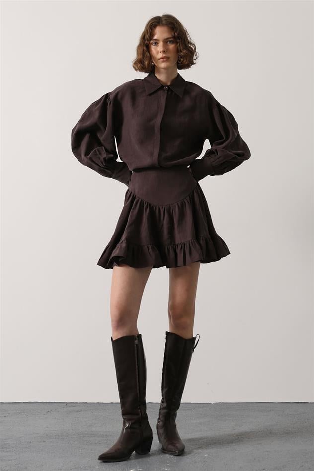 KORSE BELLİ MİNİ ETEK - Kahve