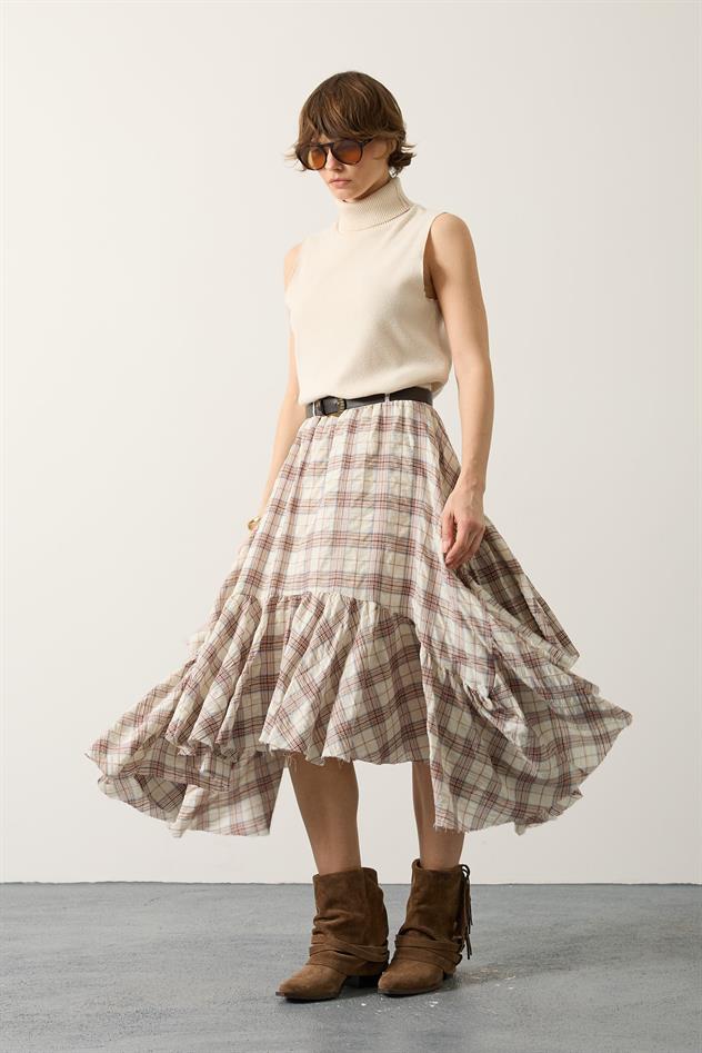 KRAŞLI EKOSE DESEN KAT ETEK - Ekru