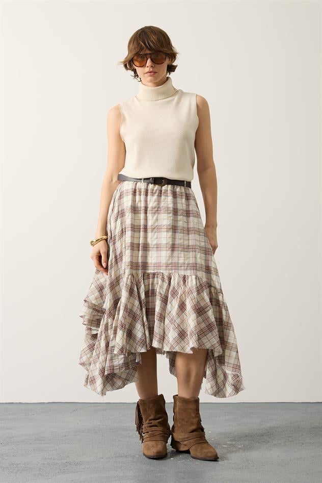 KRAŞLI EKOSE DESEN KAT ETEK - Ekru