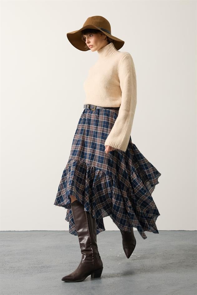 KRAŞLI EKOSE DESEN KAT ETEK - Lacivert