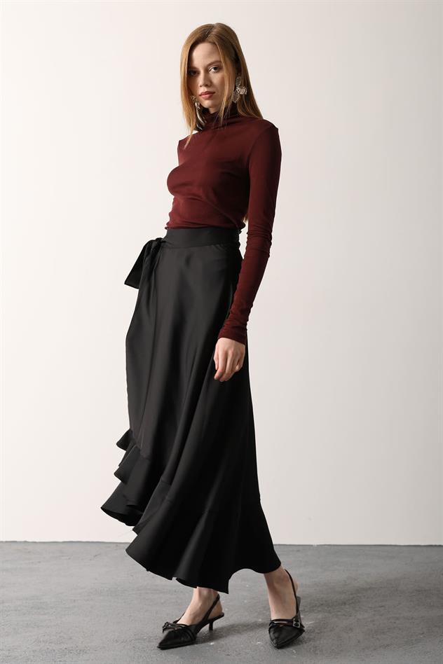 KUŞAK BAĞLAMALI UZUN FIRFIRLI ETEK - Siyah