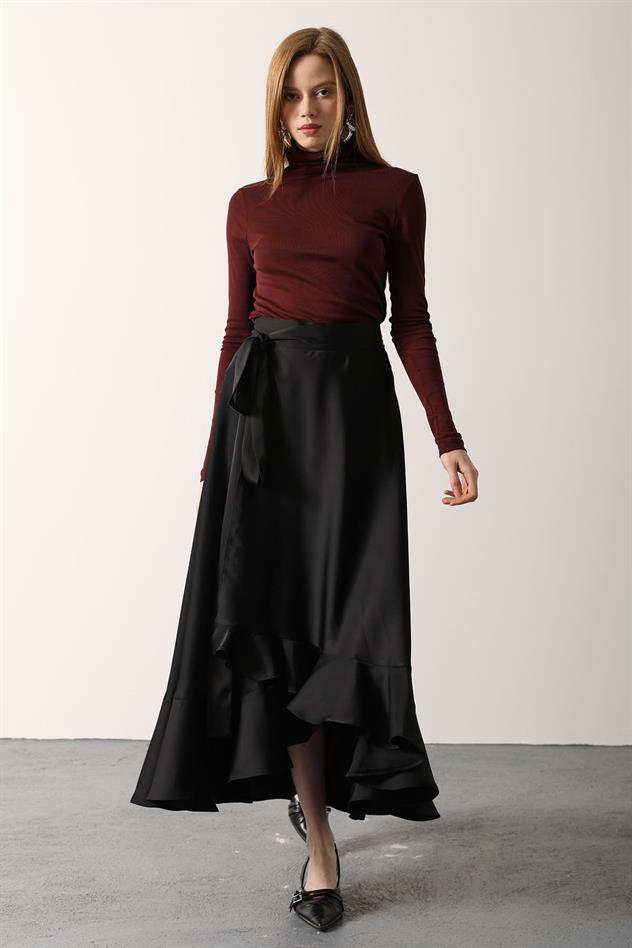 KUŞAK BAĞLAMALI UZUN FIRFIRLI ETEK - Siyah