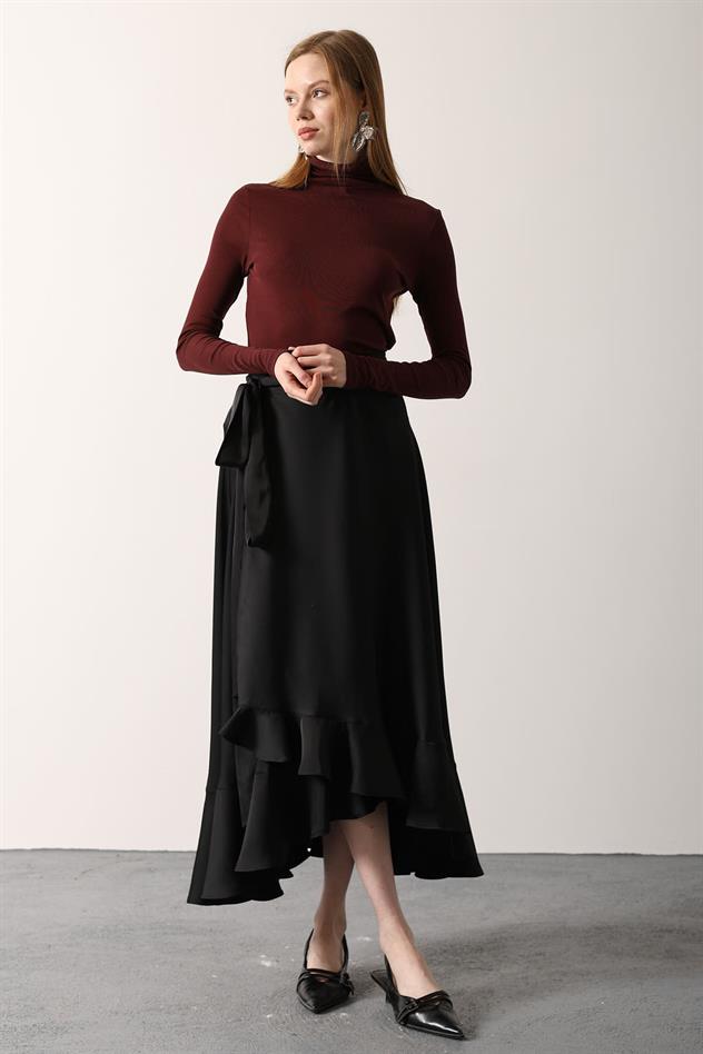 KUŞAK BAĞLAMALI UZUN FIRFIRLI ETEK - Siyah