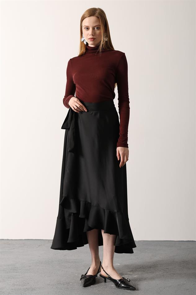 KUŞAK BAĞLAMALI UZUN FIRFIRLI ETEK - Siyah