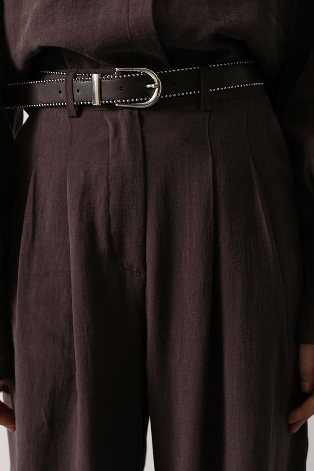 PİLELİ KEMER DETAYLI PANTOLON - Kahve