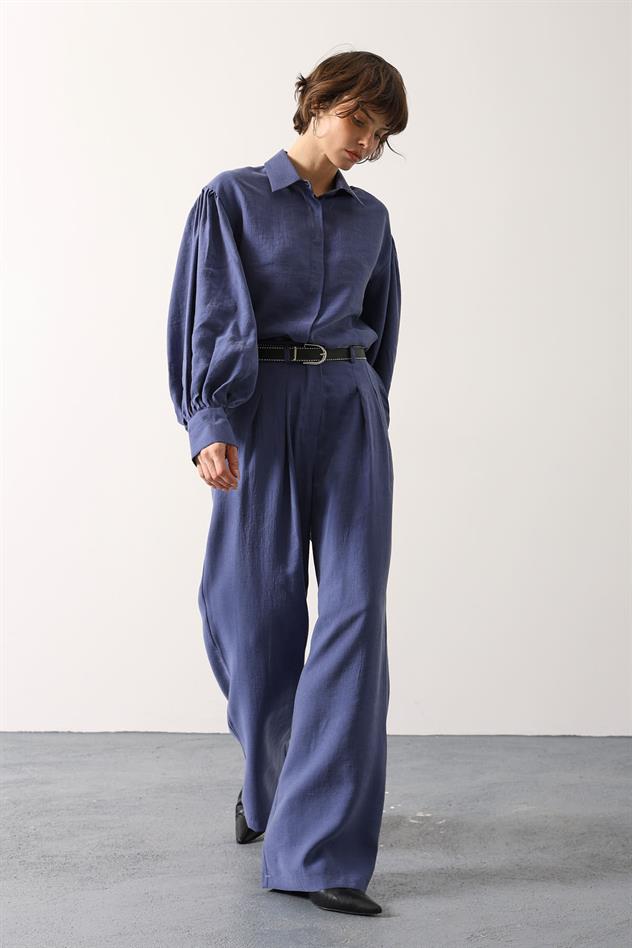 PİLELİ KEMER DETAYLI PANTOLON - İndigo