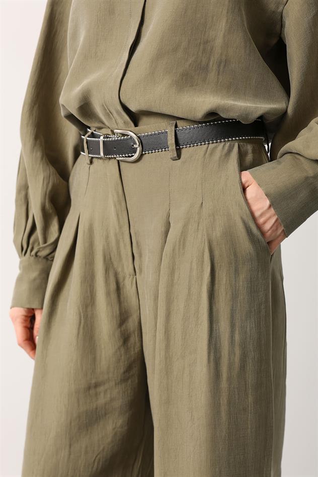 PİLELİ KEMER DETAYLI PANTOLON - Haki