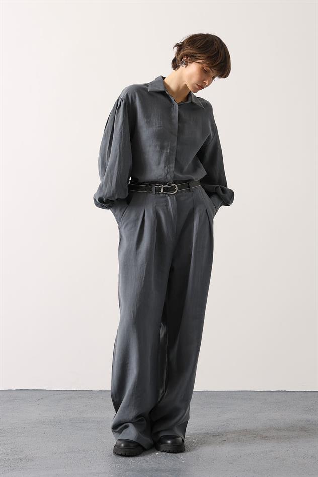 PİLELİ KEMER DETAYLI PANTOLON - Gri