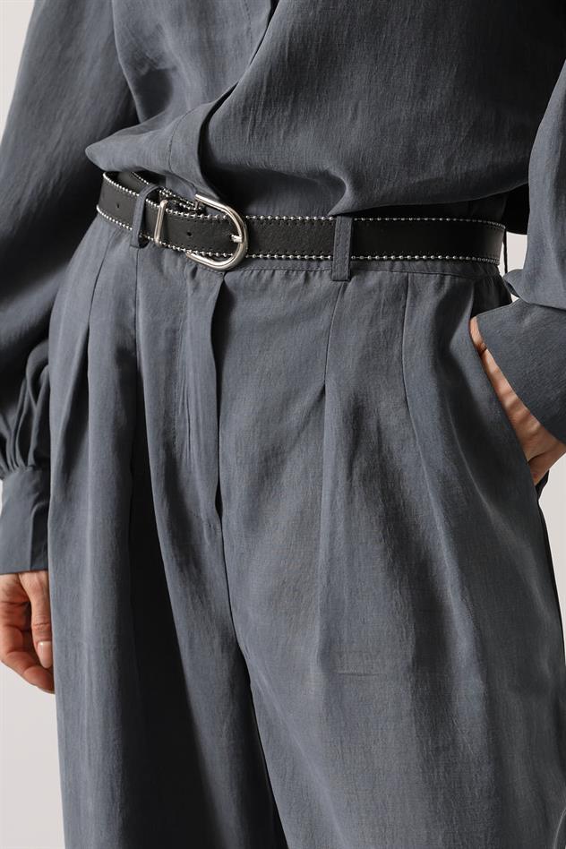 PİLELİ KEMER DETAYLI PANTOLON - Gri