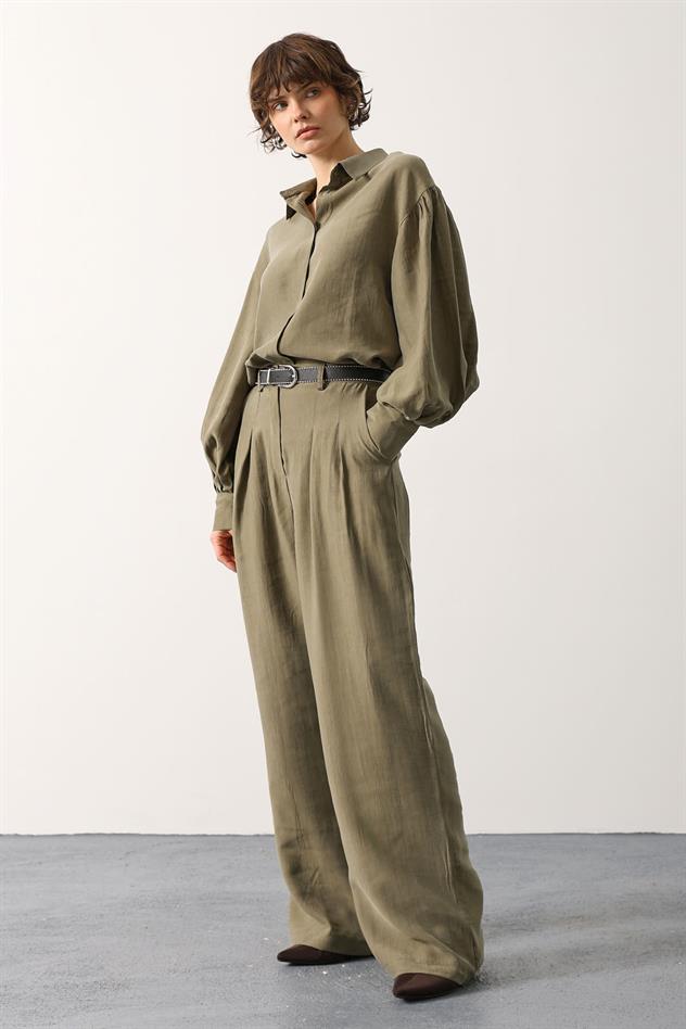 PİLELİ KEMER DETAYLI PANTOLON - Haki