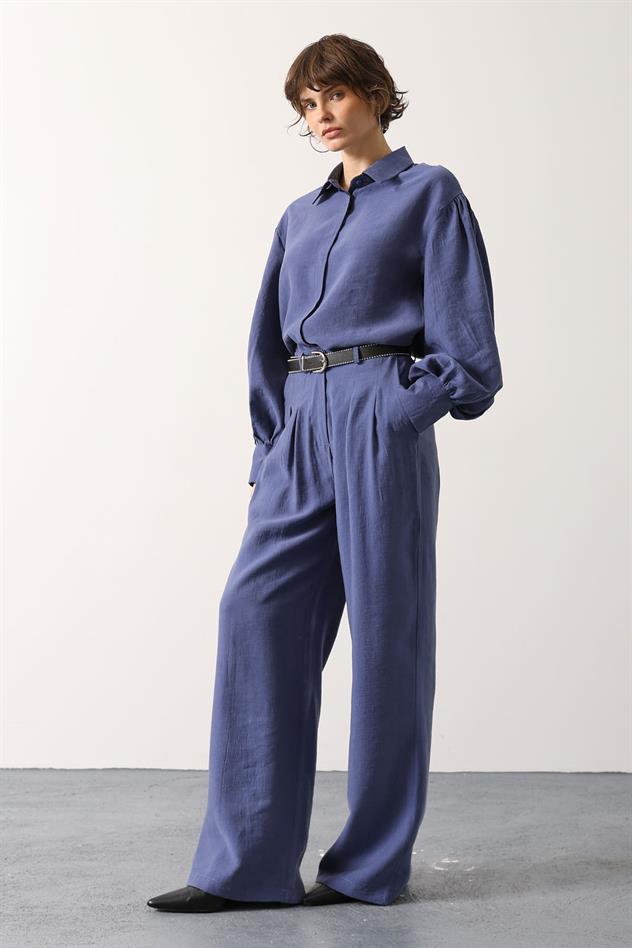 PİLELİ KEMER DETAYLI PANTOLON - İndigo