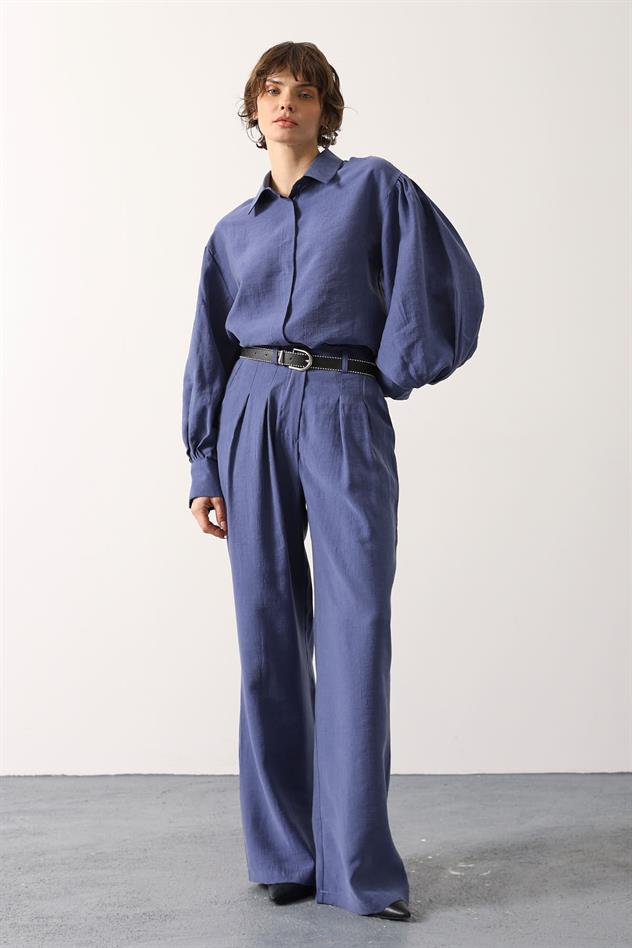 PİLELİ KEMER DETAYLI PANTOLON - İndigo