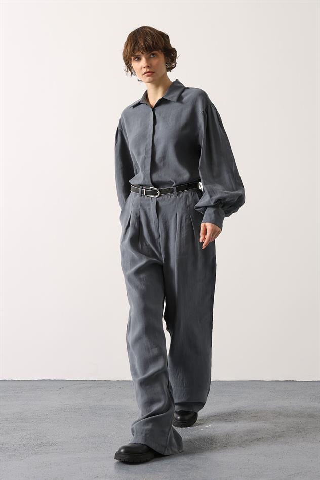 PİLELİ KEMER DETAYLI PANTOLON - Gri