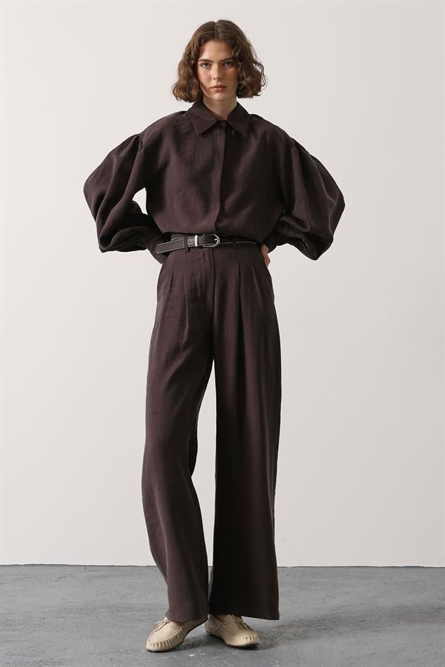 PİLELİ KEMER DETAYLI PANTOLON - Kahve