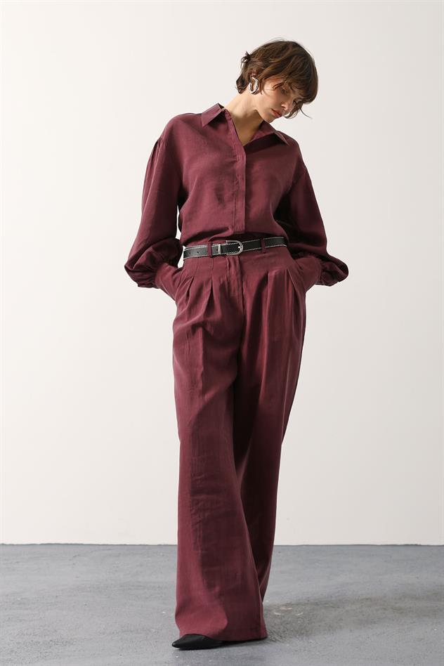 PİLELİ KEMER DETAYLI PANTOLON - Bordo