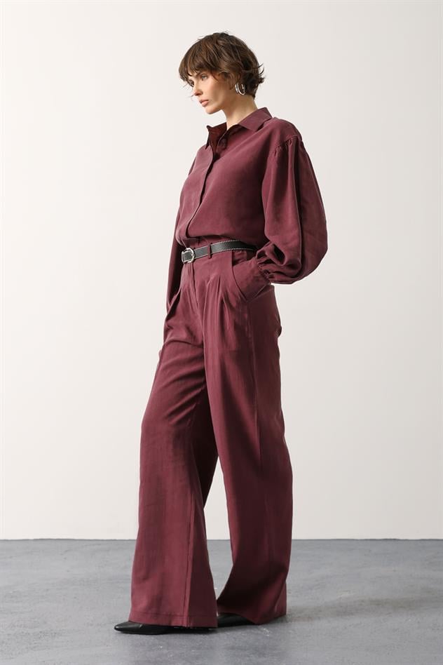 PİLELİ KEMER DETAYLI PANTOLON - Bordo