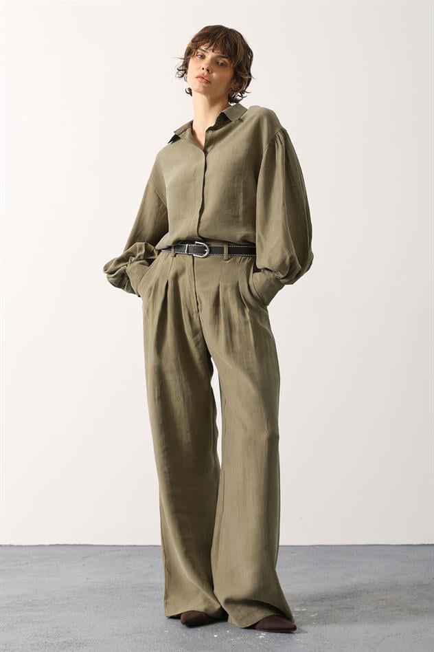 PİLELİ KEMER DETAYLI PANTOLON - Haki