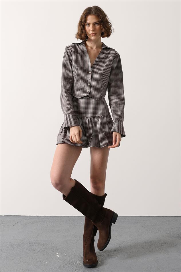 PÖTİKARE DESEN KEMERLİ MİNİ ETEK - Kahve