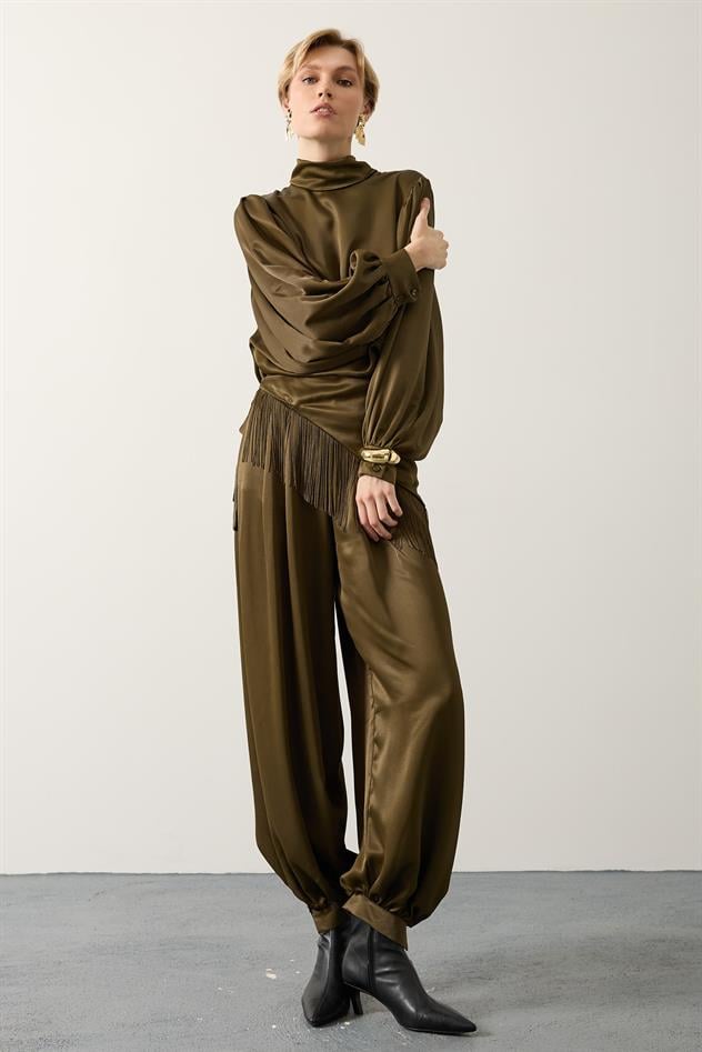 SATEN ŞALLI PANTOLON - Haki