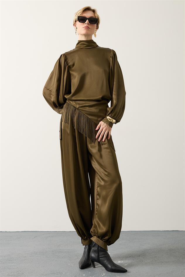 SATEN ŞALLI PANTOLON - Haki