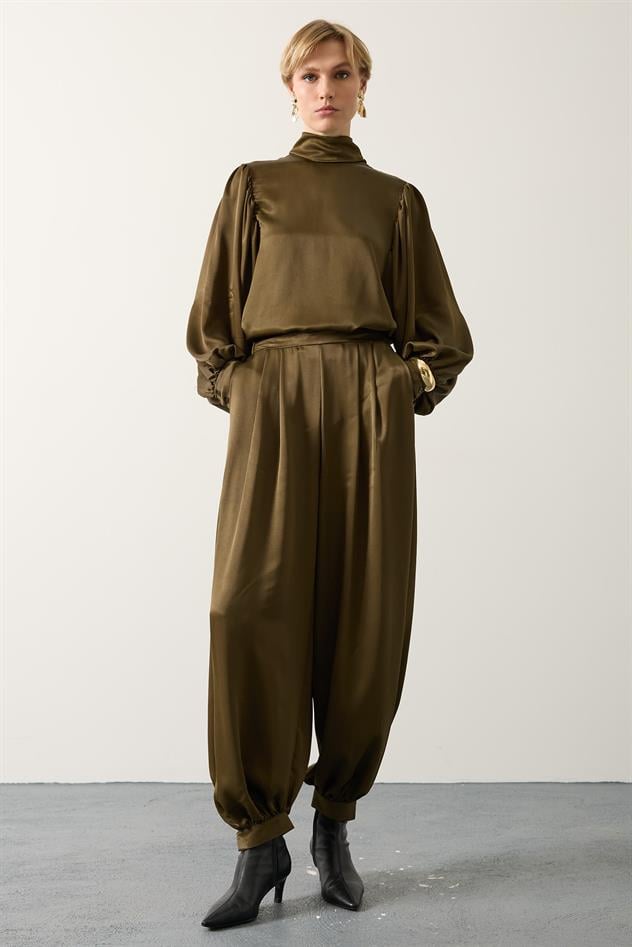 SATEN ŞALLI PANTOLON - Haki