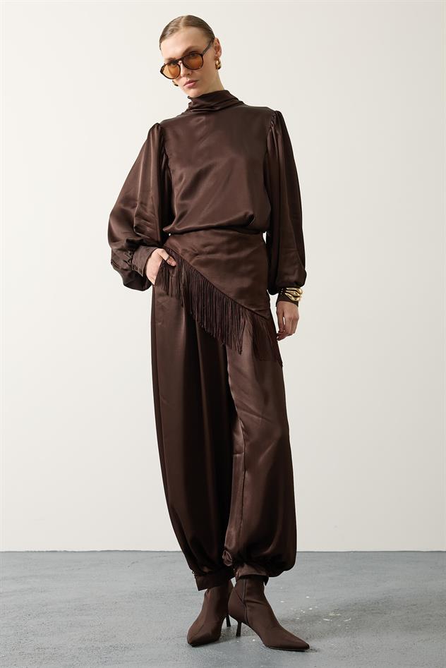 SATEN ŞALLI PANTOLON - Kahve