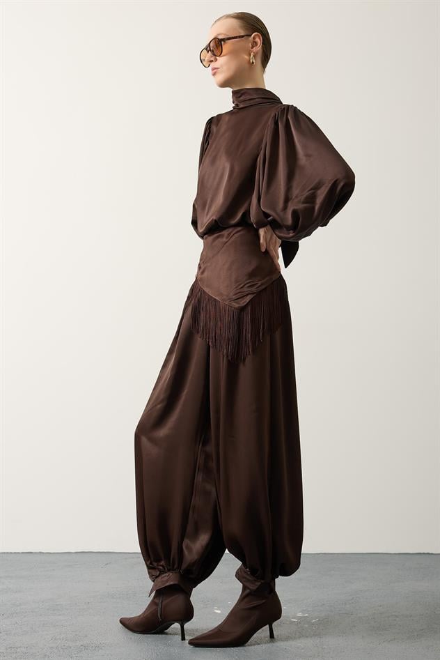 SATEN ŞALLI PANTOLON - Kahve