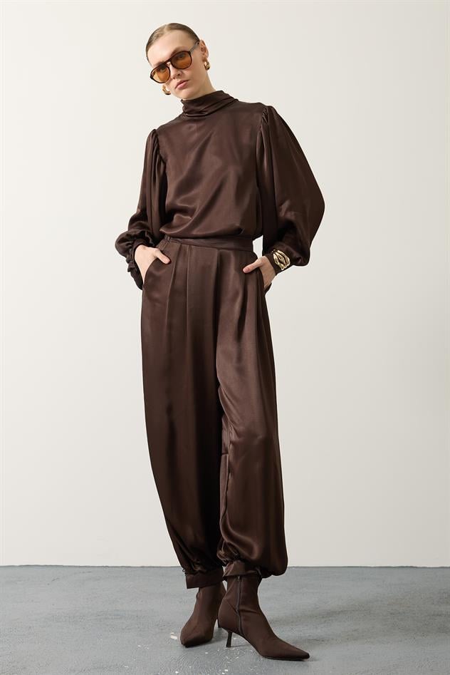 SATEN ŞALLI PANTOLON - Kahve
