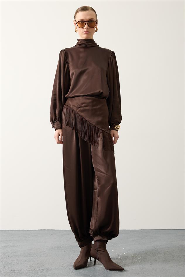 SATEN ŞALLI PANTOLON - Kahve