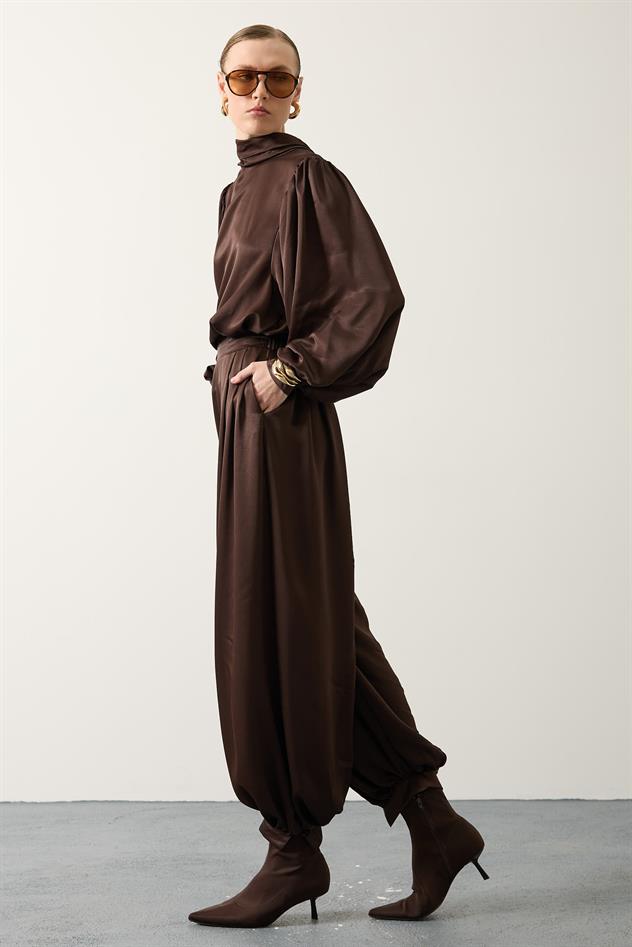 SATEN ŞALLI PANTOLON - Kahve