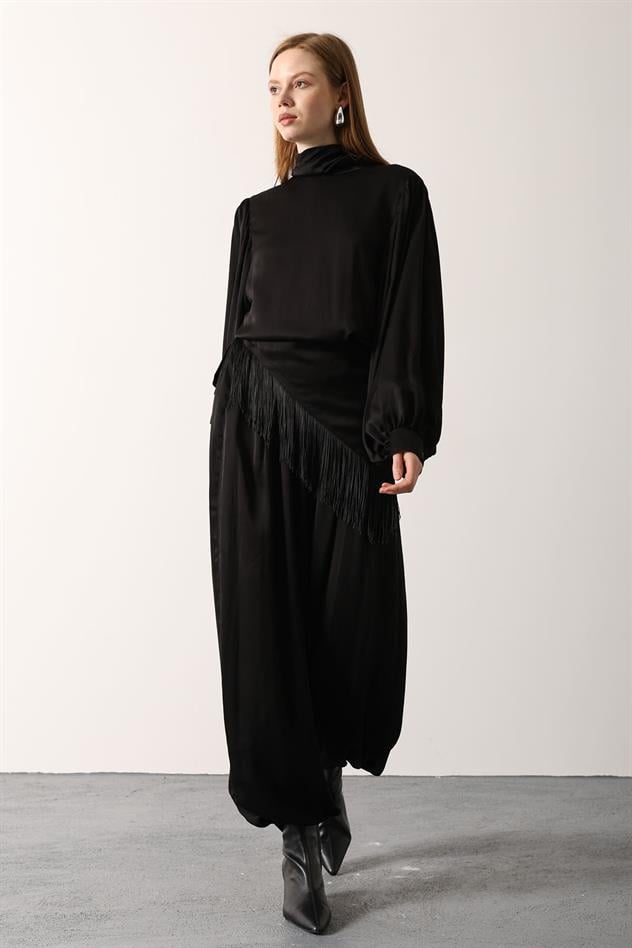 SATEN ŞALLI PANTOLON - Siyah