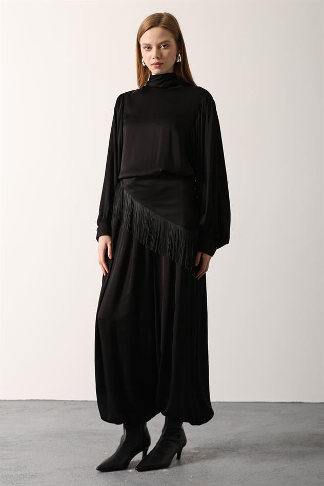 SATEN ŞALLI PANTOLON - Siyah