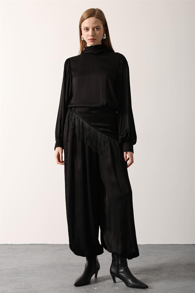 SATEN ŞALLI PANTOLON - Siyah