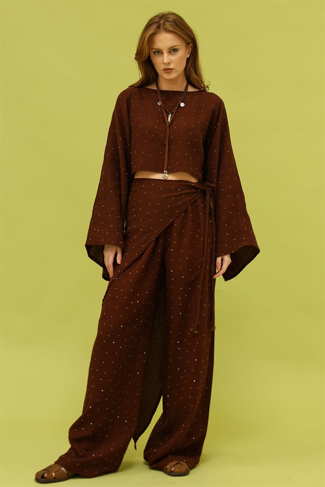 TAŞLI MÜSLİN BAĞLAMALI PANTALON - Kahve