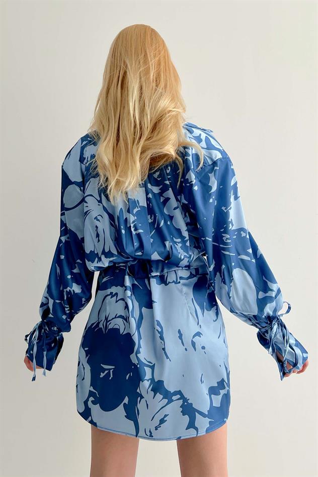 * Vatkalı manşet detaylı gömlek elbise - Mavi