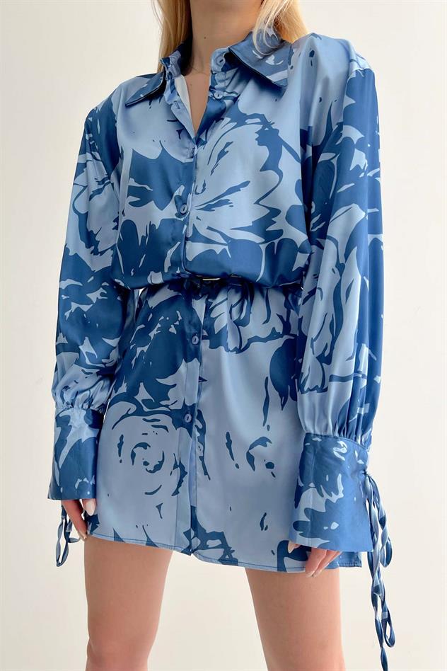 * Vatkalı manşet detaylı gömlek elbise - Mavi