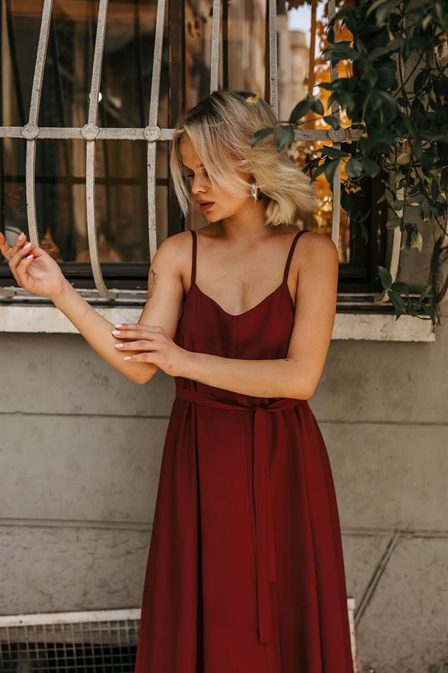 Askılı Basic Uzun Elbise - Açık Bordo