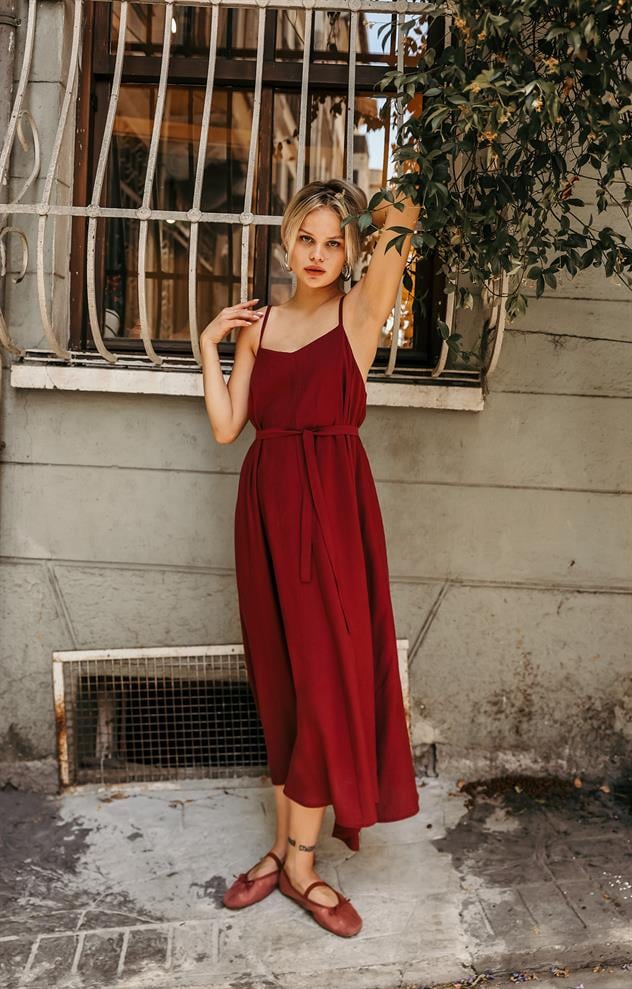 Askılı Basic Uzun Elbise - Açık Bordo
