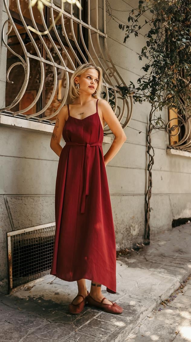 Askılı Basic Uzun Elbise - Açık Bordo