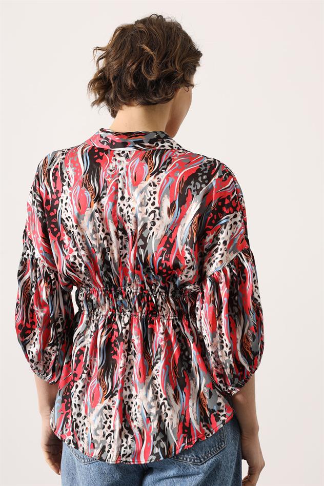 * Beli lastikli saten gömlek - Fuşya