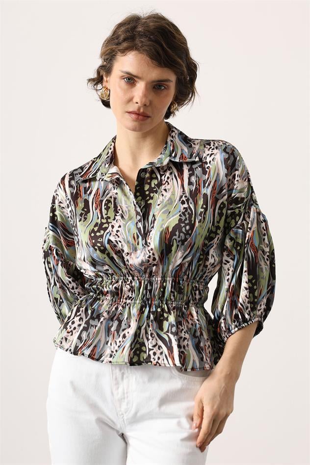 * Beli lastikli saten gömlek - Yeşil