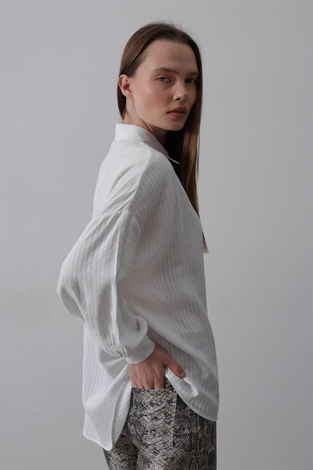 Çizgili Uzun Kol Gömlek - Beyaz