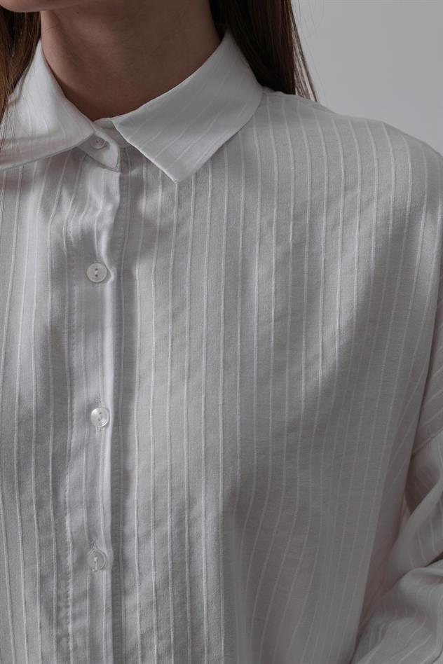 Çizgili Uzun Kol Gömlek - Beyaz