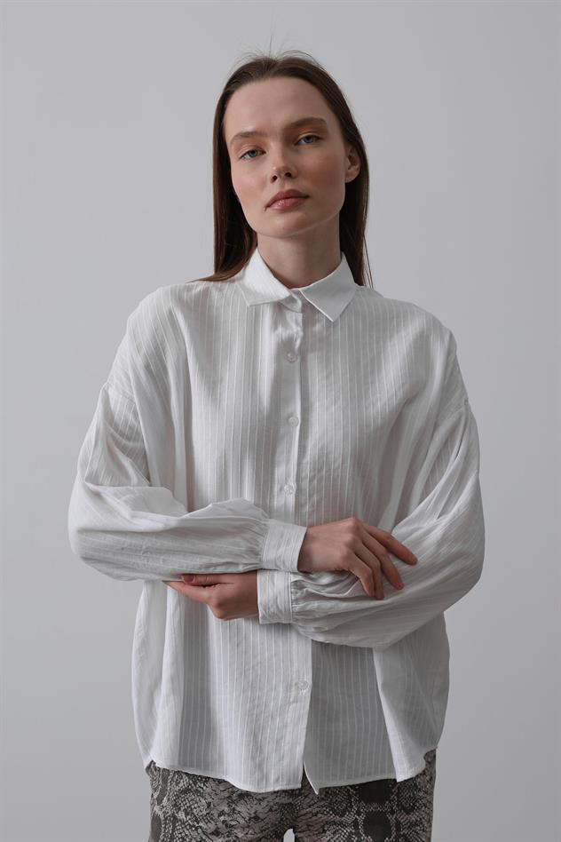 Çizgili Uzun Kol Gömlek - Beyaz