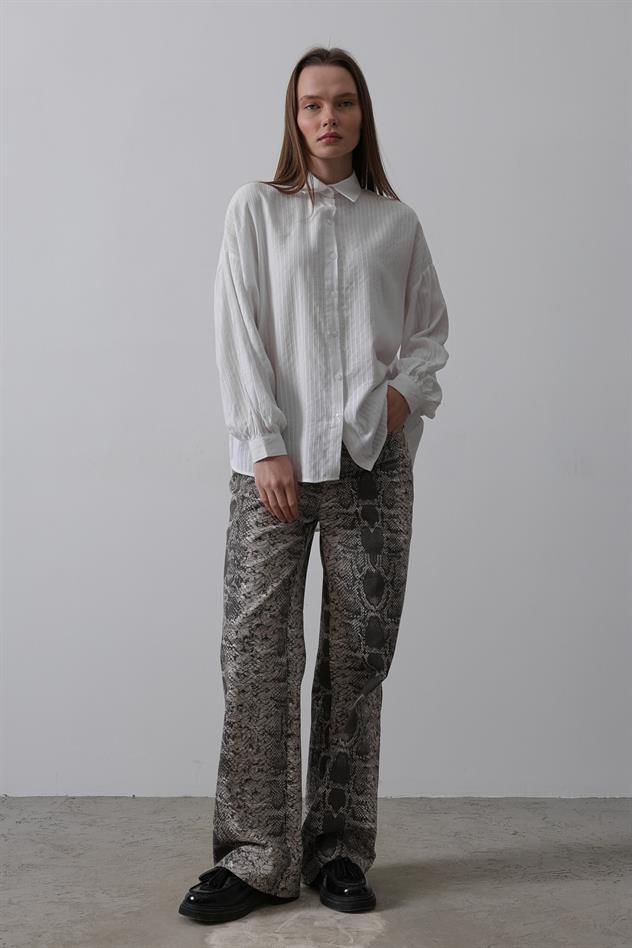 Çizgili Uzun Kol Gömlek - Beyaz