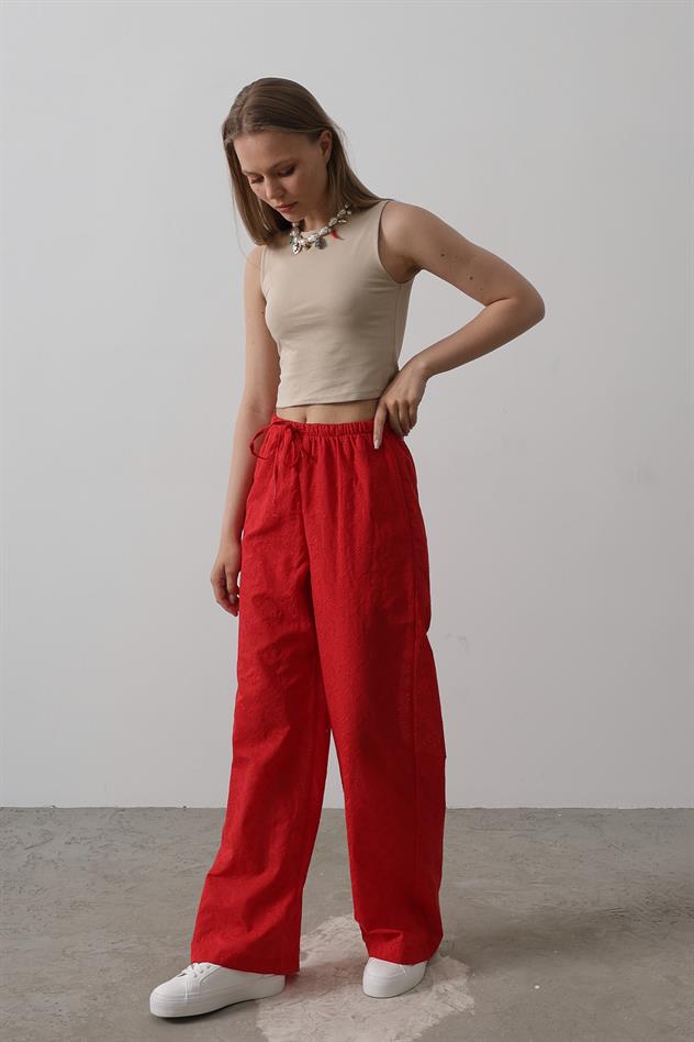 Beli Bağlamalı Brode Pantolon - Kırmızı