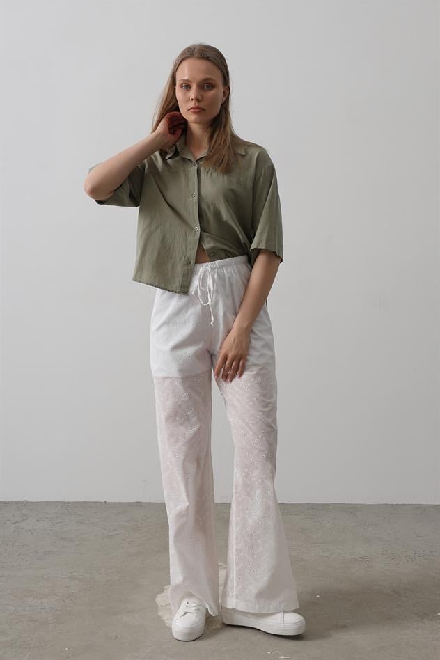 Beli Bağlamalı Brode Pantolon - Beyaz