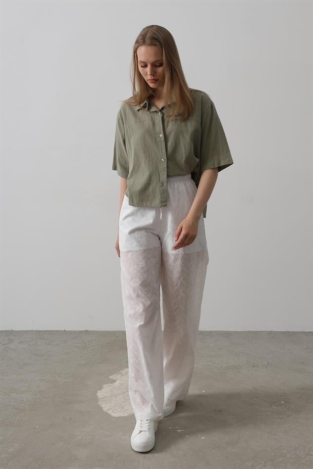 Beli Bağlamalı Brode Pantolon - Beyaz