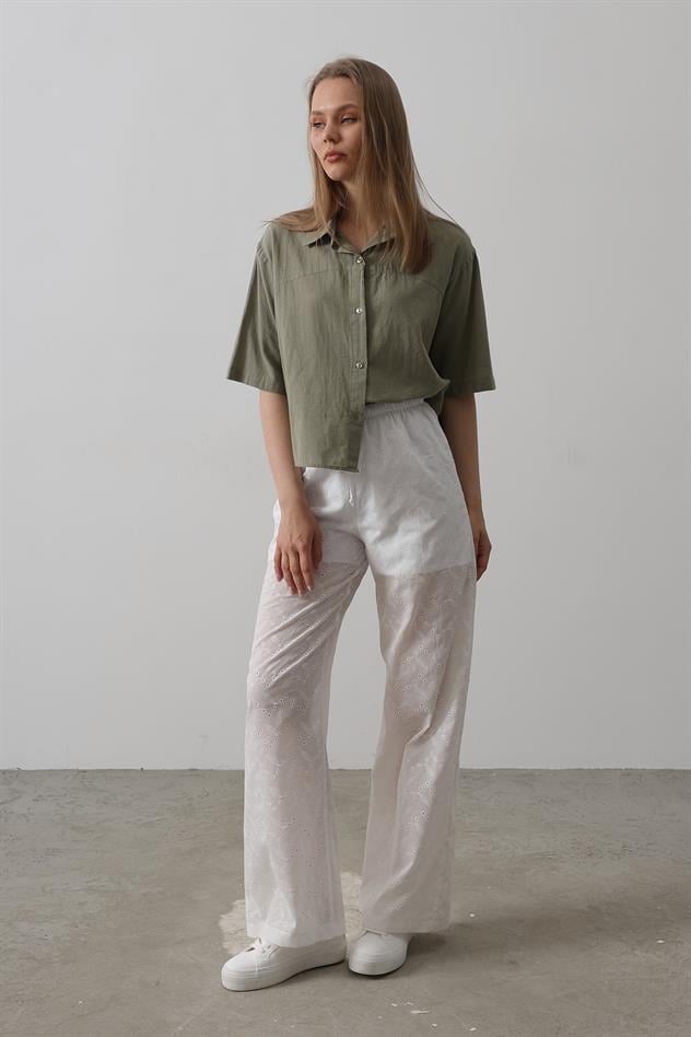 Beli Bağlamalı Brode Pantolon - Beyaz